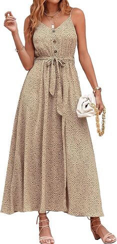 KIRUNDO Womens Summer Maxi Sun Dress Sexy Spaghetti Strap V Neck Flowy High Waist Split Beach Vacation Dresses with Belt in Saudi Arabia