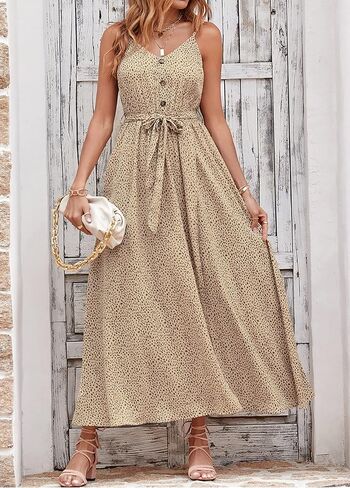 KIRUNDO Womens Summer Maxi Sun Dress Sexy Spaghetti Strap V Neck Flowy High Waist Split Beach Vacation Dresses with Belt in Saudi Arabia