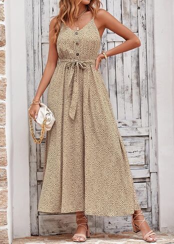KIRUNDO Womens Summer Maxi Sun Dress Sexy Spaghetti Strap V Neck Flowy High Waist Split Beach Vacation Dresses with Belt in Saudi Arabia