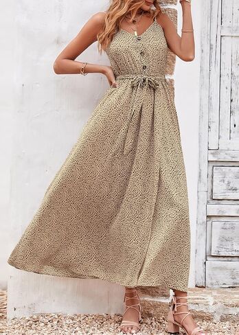 KIRUNDO Womens Summer Maxi Sun Dress Sexy Spaghetti Strap V Neck Flowy High Waist Split Beach Vacation Dresses with Belt in Saudi Arabia