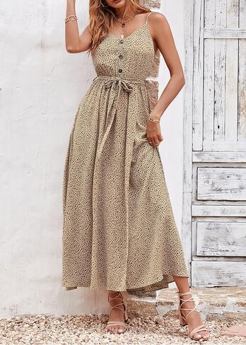 KIRUNDO Womens Summer Maxi Sun Dress Sexy Spaghetti Strap V Neck Flowy High Waist Split Beach Vacation Dresses with Belt in Saudi Arabia