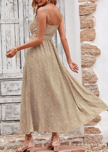 KIRUNDO Womens Summer Maxi Sun Dress Sexy Spaghetti Strap V Neck Flowy High Waist Split Beach Vacation Dresses with Belt in Saudi Arabia