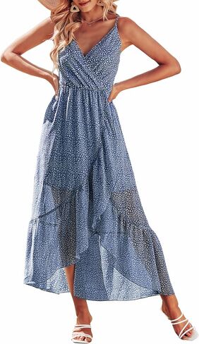 KIRUNDO Womens Summer Maxi Sun Dress Sexy Spaghetti Strap V Neck Flowy High Waist Split Beach Vacation Dresses with Belt in Saudi Arabia