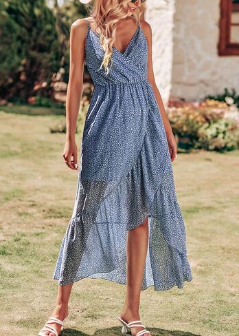 KIRUNDO Womens Summer Maxi Sun Dress Sexy Spaghetti Strap V Neck Flowy High Waist Split Beach Vacation Dresses with Belt in Saudi Arabia