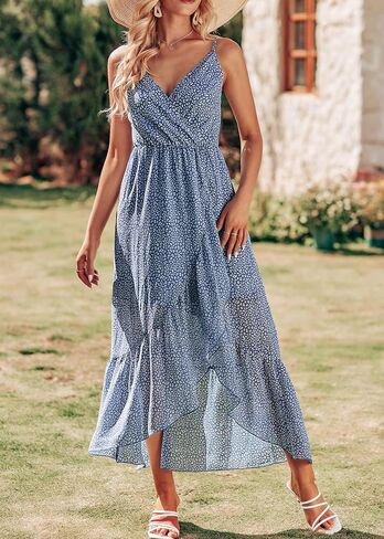 KIRUNDO Womens Summer Maxi Sun Dress Sexy Spaghetti Strap V Neck Flowy High Waist Split Beach Vacation Dresses with Belt in Saudi Arabia