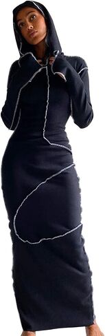 LuFeng Women's Sexy Long Sleeve Bodycon Solid Hoodie Patchwork High Waist Long Dress in Saudi Arabia
