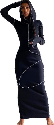 LuFeng Women's Sexy Long Sleeve Bodycon Solid Hoodie Patchwork High Waist Long Dress in Saudi Arabia
