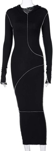 LuFeng Women's Sexy Long Sleeve Bodycon Solid Hoodie Patchwork High Waist Long Dress in Saudi Arabia