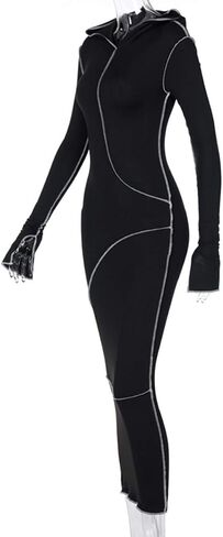 LuFeng Women's Sexy Long Sleeve Bodycon Solid Hoodie Patchwork High Waist Long Dress in Saudi Arabia