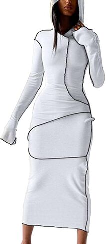 LuFeng Women's Sexy Long Sleeve Bodycon Solid Hoodie Patchwork High Waist Long Dress in Saudi Arabia