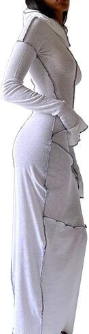 LuFeng Women's Sexy Long Sleeve Bodycon Solid Hoodie Patchwork High Waist Long Dress in Saudi Arabia