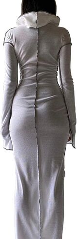 LuFeng Women's Sexy Long Sleeve Bodycon Solid Hoodie Patchwork High Waist Long Dress in Saudi Arabia