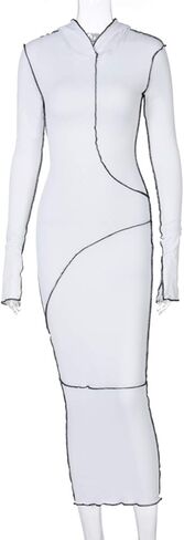 LuFeng Women's Sexy Long Sleeve Bodycon Solid Hoodie Patchwork High Waist Long Dress in Saudi Arabia