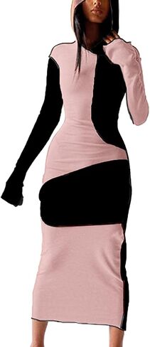 LuFeng Women's Sexy Long Sleeve Bodycon Solid Hoodie Patchwork High Waist Long Dress in Saudi Arabia