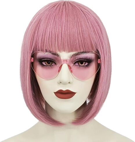 2 قطعة شعر مستعار بوب أخضر للنساء مع زجاج شعر مستعار أخضر قصير مع الانفجارات شعر مستعار ناعم لطيف مع غطاء شعر مستعار للحفلات التنكرية S103GR in Kuwait