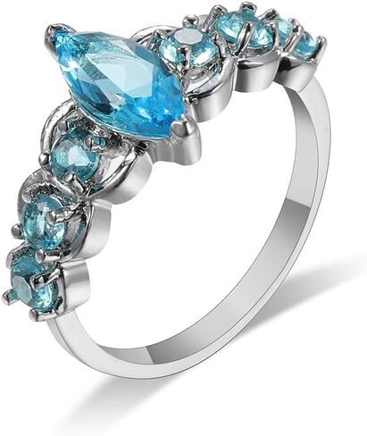 QUSIIOSLK Vintage 925 Sterling Silver Marquise Cut Blue Cubic Zirconia Solitaire Ring 6 Stone Oval Sea Blue Topaz Band Anniversary Cocktail Stacking Finger Rings for Women Size 6-10 7 in Saudi Arabia