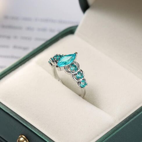 QUSIIOSLK Vintage 925 Sterling Silver Marquise Cut Blue Cubic Zirconia Solitaire Ring 6 Stone Oval Sea Blue Topaz Band Anniversary Cocktail Stacking Finger Rings for Women Size 6-10 7 in Saudi Arabia