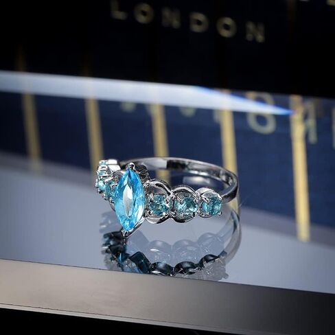 QUSIIOSLK Vintage 925 Sterling Silver Marquise Cut Blue Cubic Zirconia Solitaire Ring 6 Stone Oval Sea Blue Topaz Band Anniversary Cocktail Stacking Finger Rings for Women Size 6-10 7 in Saudi Arabia