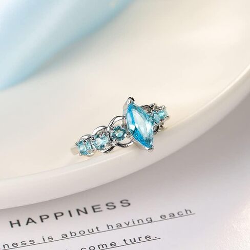 QUSIIOSLK Vintage 925 Sterling Silver Marquise Cut Blue Cubic Zirconia Solitaire Ring 6 Stone Oval Sea Blue Topaz Band Anniversary Cocktail Stacking Finger Rings for Women Size 6-10 7 in Saudi Arabia