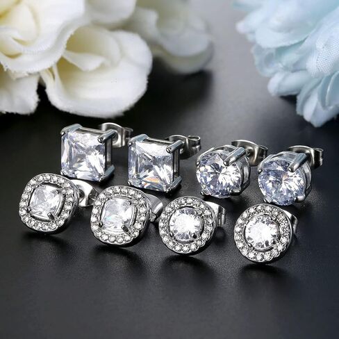 أقراط من CASSIECA مرصعة بالزركونيا المكعبة | أقراط جوهرة الميلاد من الذهب الأبيض عيار 18 قيراط مضادة للحساسية | أقراط هالة ألماس مقلدة كبيرة رائعة للنساء والرجال in Kuwait