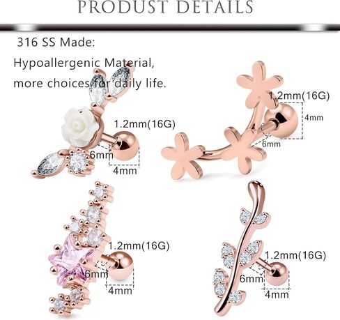 Hoeudjo 6 قطع 16 جرام متسلق القرط اللولب ثقب المجوهرات الفولاذ المقاوم للصدأ الغضروف القرط مسمار للنساء الرجال تشيكوسلوفاكيا السهم الزاحف مسمار القرط سترة للنساء in Kuwait