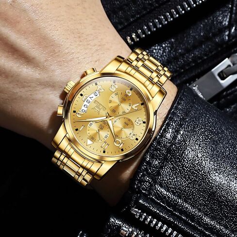 OLEVS Men's Chronograph Watch, Big Face Multi-Functional Easy to Read Stainless Steel Analog Quartz Watch with Date, Luxury Waterproof Luminous Moon Phases Diamond Dial Dress Watch for Men in Saudi Arabia