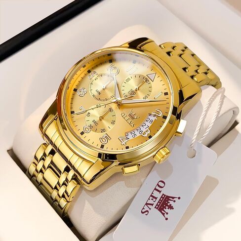 OLEVS Men's Chronograph Watch, Big Face Multi-Functional Easy to Read Stainless Steel Analog Quartz Watch with Date, Luxury Waterproof Luminous Moon Phases Diamond Dial Dress Watch for Men in Saudi Arabia