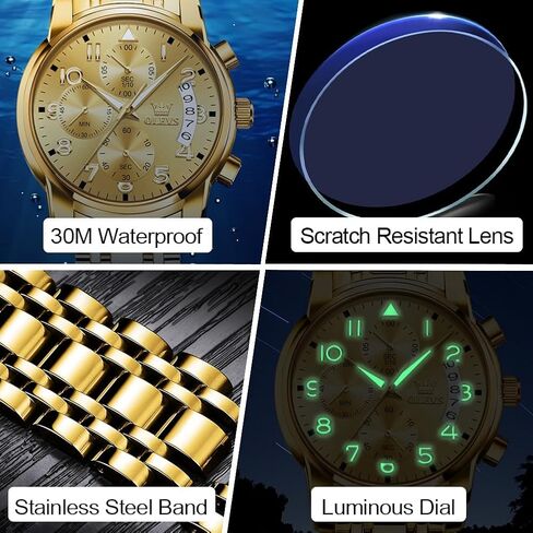 OLEVS Men's Chronograph Watch, Big Face Multi-Functional Easy to Read Stainless Steel Analog Quartz Watch with Date, Luxury Waterproof Luminous Moon Phases Diamond Dial Dress Watch for Men in Saudi Arabia