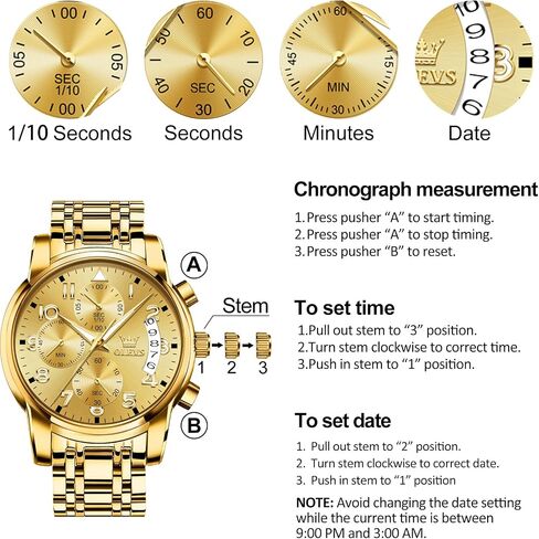 OLEVS Men's Chronograph Watch, Big Face Multi-Functional Easy to Read Stainless Steel Analog Quartz Watch with Date, Luxury Waterproof Luminous Moon Phases Diamond Dial Dress Watch for Men in Saudi Arabia