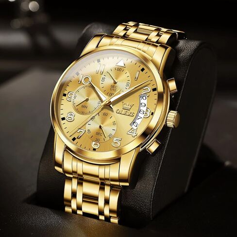 OLEVS Men's Chronograph Watch, Big Face Multi-Functional Easy to Read Stainless Steel Analog Quartz Watch with Date, Luxury Waterproof Luminous Moon Phases Diamond Dial Dress Watch for Men in Saudi Arabia
