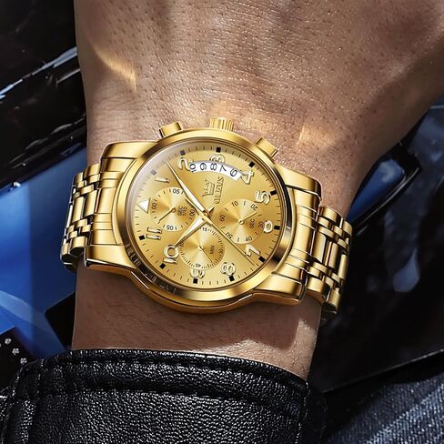 OLEVS Men's Chronograph Watch, Big Face Multi-Functional Easy to Read Stainless Steel Analog Quartz Watch with Date, Luxury Waterproof Luminous Moon Phases Diamond Dial Dress Watch for Men in Saudi Arabia