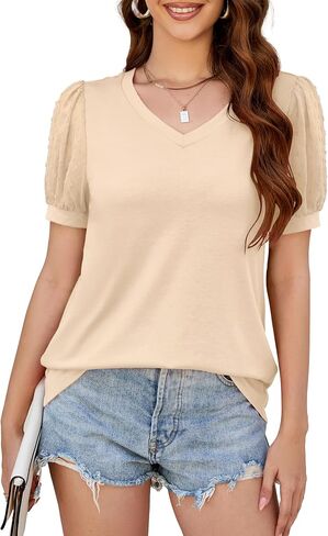 Halife Womens Summer V Neck T Shirts Swiss Dot Puff Sleeve Tops Dressy Casual Shirts Blouses in Saudi Arabia