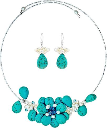 AeraVida Memory Wire Simulated Turquoise and Cultured Freshwater Pearl Floral Bouquet Jewelry Set in Saudi Arabia
