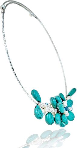 AeraVida Memory Wire Simulated Turquoise and Cultured Freshwater Pearl Floral Bouquet Jewelry Set in Saudi Arabia