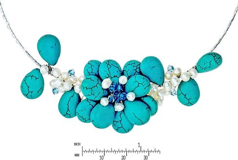 AeraVida Memory Wire Simulated Turquoise and Cultured Freshwater Pearl Floral Bouquet Jewelry Set in Saudi Arabia
