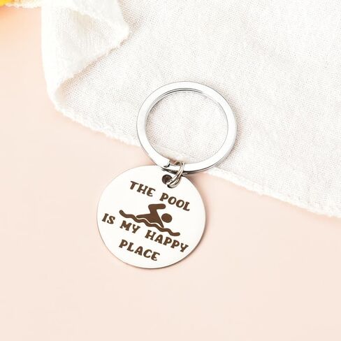 Summer Swimming Gifts for Women Men The Pool is My Happy Place Keychain for Best Friend Brother Sister Birthday Christmas Gifts for Swimmers Boys Girls, Silver, S in Kuwait