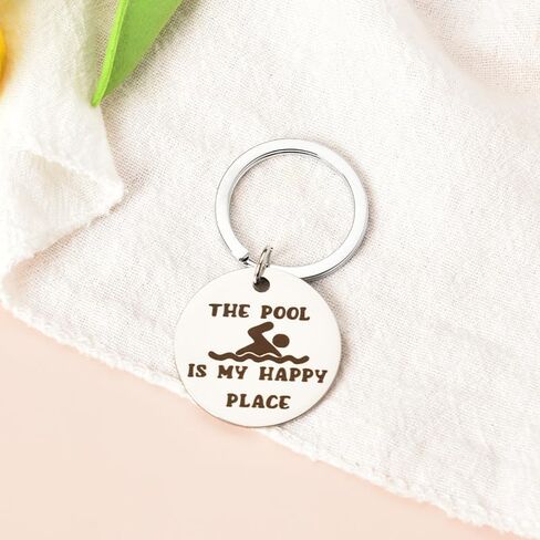 Summer Swimming Gifts for Women Men The Pool is My Happy Place Keychain for Best Friend Brother Sister Birthday Christmas Gifts for Swimmers Boys Girls, Silver, S in Kuwait