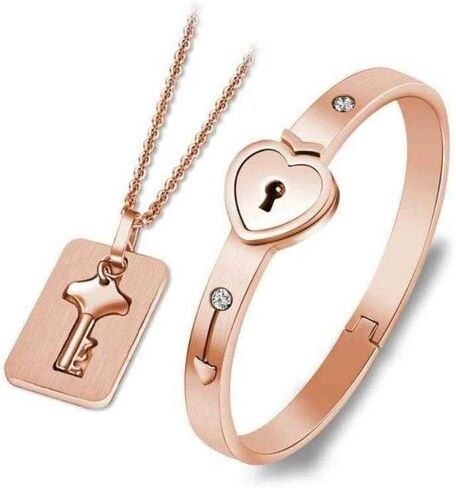 Bling Queen Couple Stainless Steel Heart Lock Bracelet And Key Pendant Necklace in Saudi Arabia