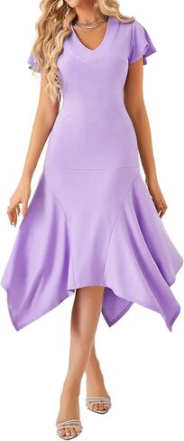 Vrtige Women's V Neck Ruffle Short Sleeve Irregular Hem A-Line Flowy Cocktail Party Midi Dress in Saudi Arabia