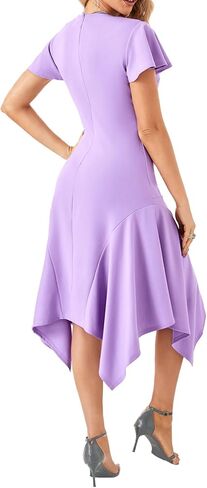 Vrtige Women's V Neck Ruffle Short Sleeve Irregular Hem A-Line Flowy Cocktail Party Midi Dress in Saudi Arabia