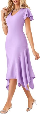 Vrtige Women's V Neck Ruffle Short Sleeve Irregular Hem A-Line Flowy Cocktail Party Midi Dress in Saudi Arabia