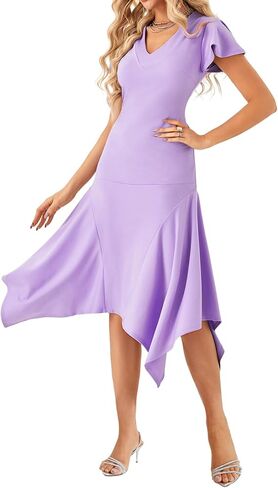 Vrtige Women's V Neck Ruffle Short Sleeve Irregular Hem A-Line Flowy Cocktail Party Midi Dress in Saudi Arabia