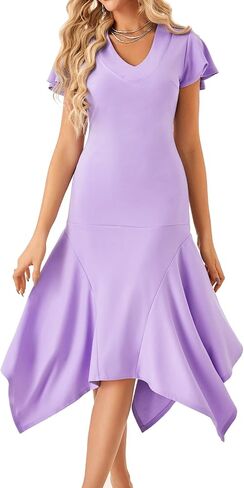 Vrtige Women's V Neck Ruffle Short Sleeve Irregular Hem A-Line Flowy Cocktail Party Midi Dress in Saudi Arabia