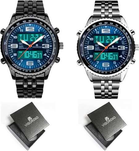ساعة VIGOROSO الرقمية التناظرية LED باللونين الأسود والأزرق للرجال + ساعة رقمية تناظرية LED باللونين الفضي والأزرق للرجال in Kuwait