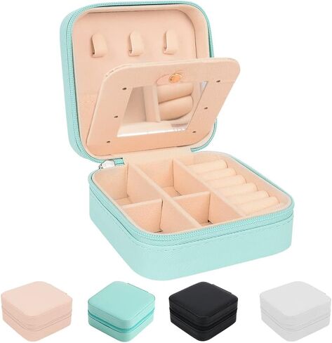 صندوق مجوهرات صغير، منظم صندوق مجوهرات صغير للسفر، حقيبة مجوهرات للسفر، حقيبة تخزين لعرض منظم السفر مع مرآة للخواتم والأقراط والقلائد والأساور والمجوهرات in Kuwait
