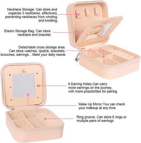 صندوق مجوهرات صغير، منظم صندوق مجوهرات صغير للسفر، حقيبة مجوهرات للسفر، حقيبة تخزين لعرض منظم السفر مع مرآة للخواتم والأقراط والقلائد والأساور والمجوهرات in Kuwait