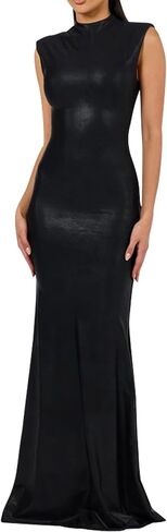 فستان Zebaexf نسائي من جلد البولي يوريثان بدون أكمام ورقبة على شكل قارب طويل ماكسي للحفلات in Kuwait