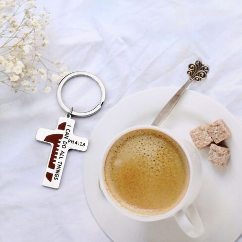 سلسلة مفاتيح متقاطعة لكرة القدم المسيحية من Belingry ملهمة يمكنني القيام بكل الأشياء PH4:13 قلادة تأكيد هدية المعمودية in Kuwait