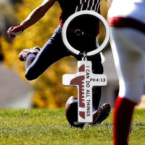 سلسلة مفاتيح متقاطعة لكرة القدم المسيحية من Belingry ملهمة يمكنني القيام بكل الأشياء PH4:13 قلادة تأكيد هدية المعمودية in Kuwait