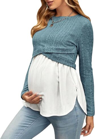 MakeMeChic Women's Maternity Nursing Top Long Sleeve Cross Wrap Breastfeeding Shirt in Saudi Arabia